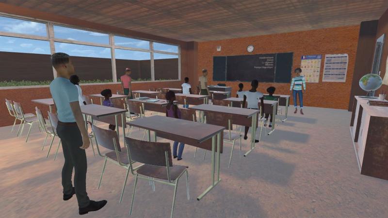 Still from VR experience showing the inside of a classroom
