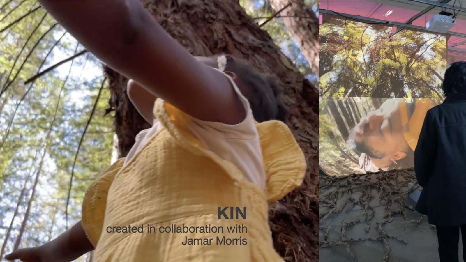 A view from underneath of a black person wearing a light yellow dress in a forrest