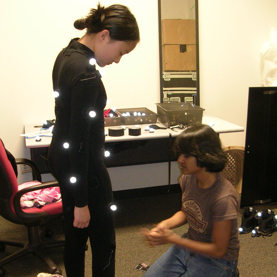 a student gets equipped with a motion capture suit