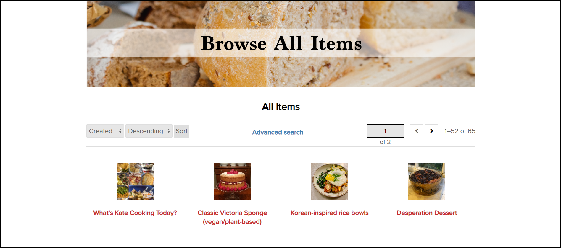 A page of the COVID Food Archive website, titled Browse All Items. The page shows various recipes.