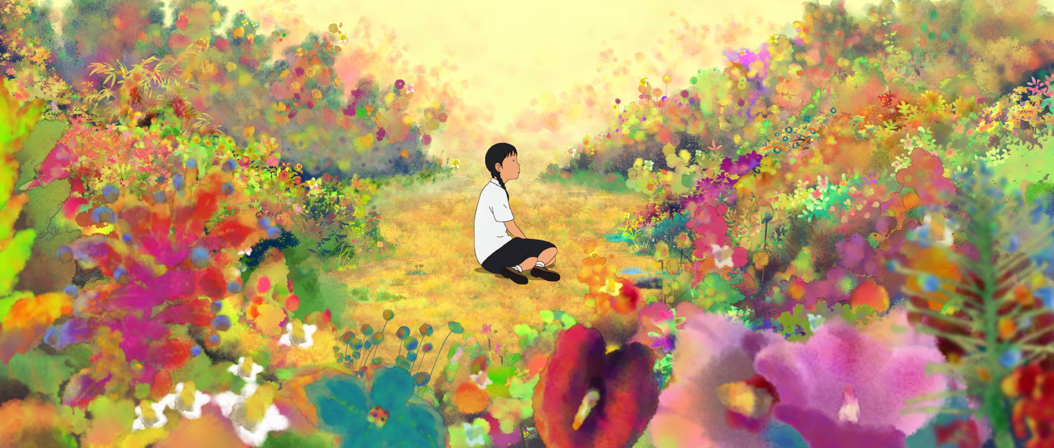 Yi-rang from the movie "Green Day: Dinosaur and I" sits among flowers