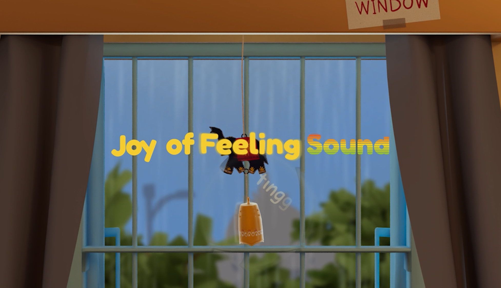 Digital animation still of a window on a rainy day. A wind chime with a small elephant hangs in the frame, accompanied by the stylized text 'tingg' and 'Joy of Feeling Sound.