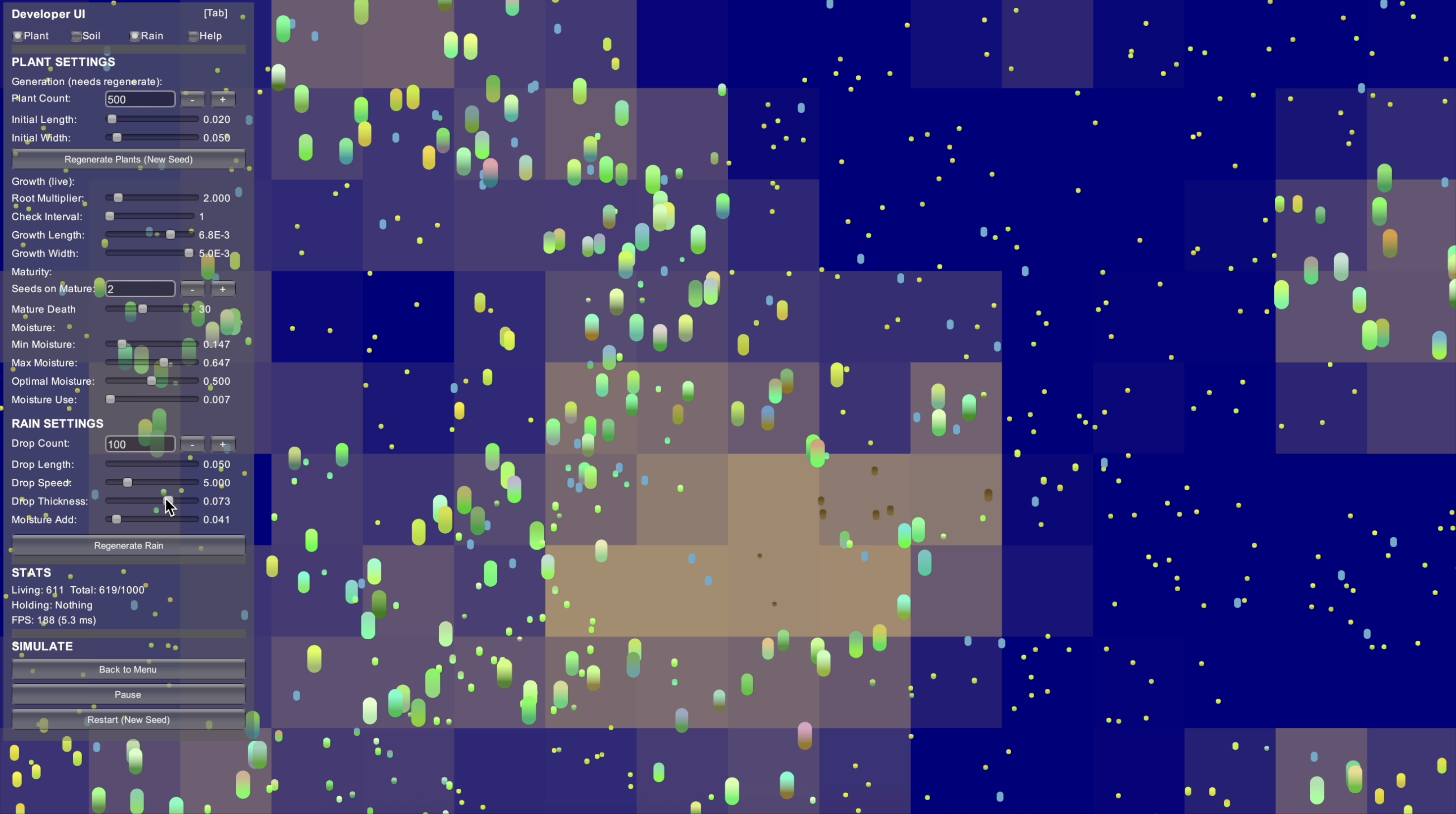 A digital screenshot of a developer user interface for a simulation titled "Sandbox Gardening Sim" by Josh Antalovic. The background consists of a dark blue grid overlaid with abstract, pixelated patches of brown and tan, populated by numerous small, colorful capsule-shaped "plants" in shades of green, yellow, and pink.