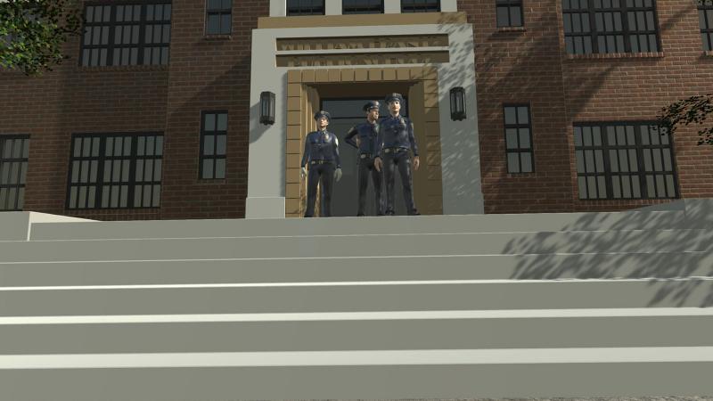 Still from VR experience showing three police officers standing in front of school doorway.