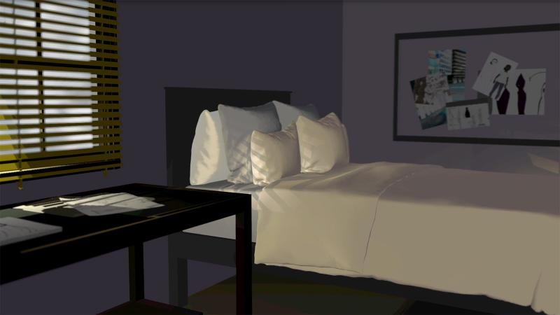 Still from animation showing Renee's bedroom.