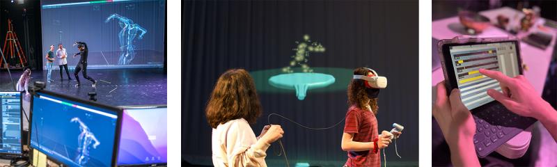 motion capture dancers, VR video experience, hand changes inputs on a computerized music device 
