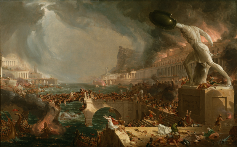 Painting of city in battle by thomas cole