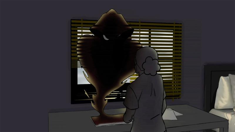 Still from film showing the character's work coming to life.