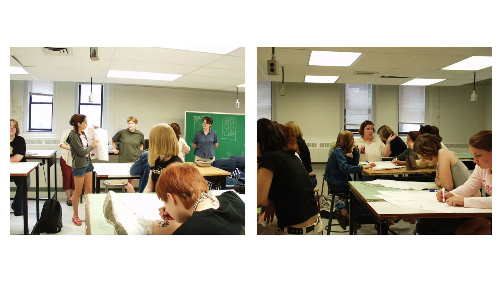 students working and presenting storyboards