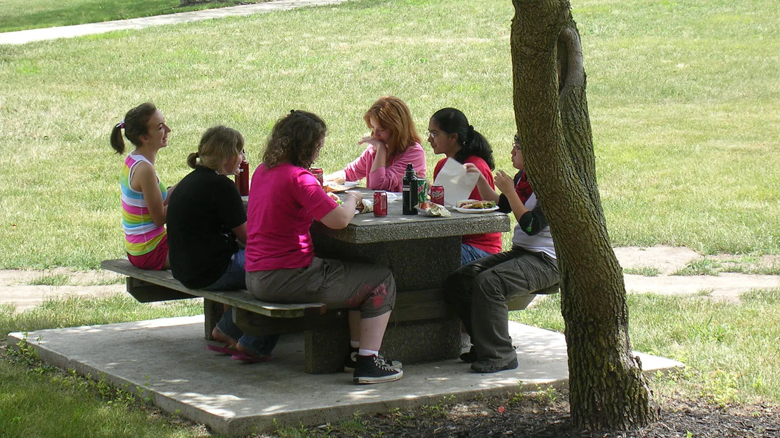 students eating lunch outside