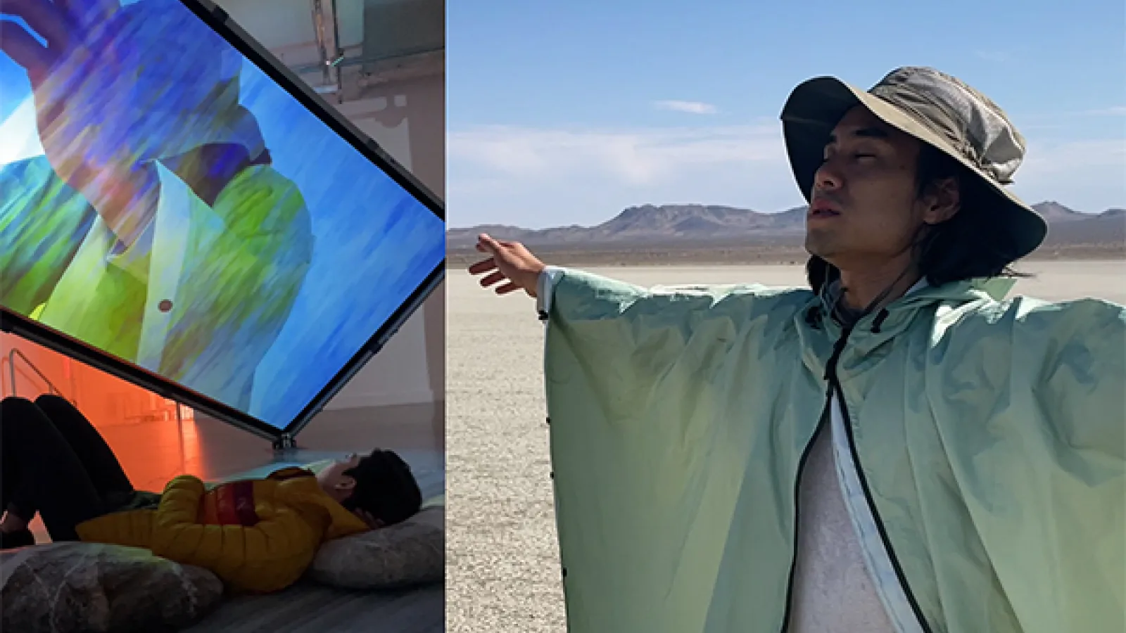 A man stretches his arms out in a rain parka and a sun hat with eyes close in a desert-like environment