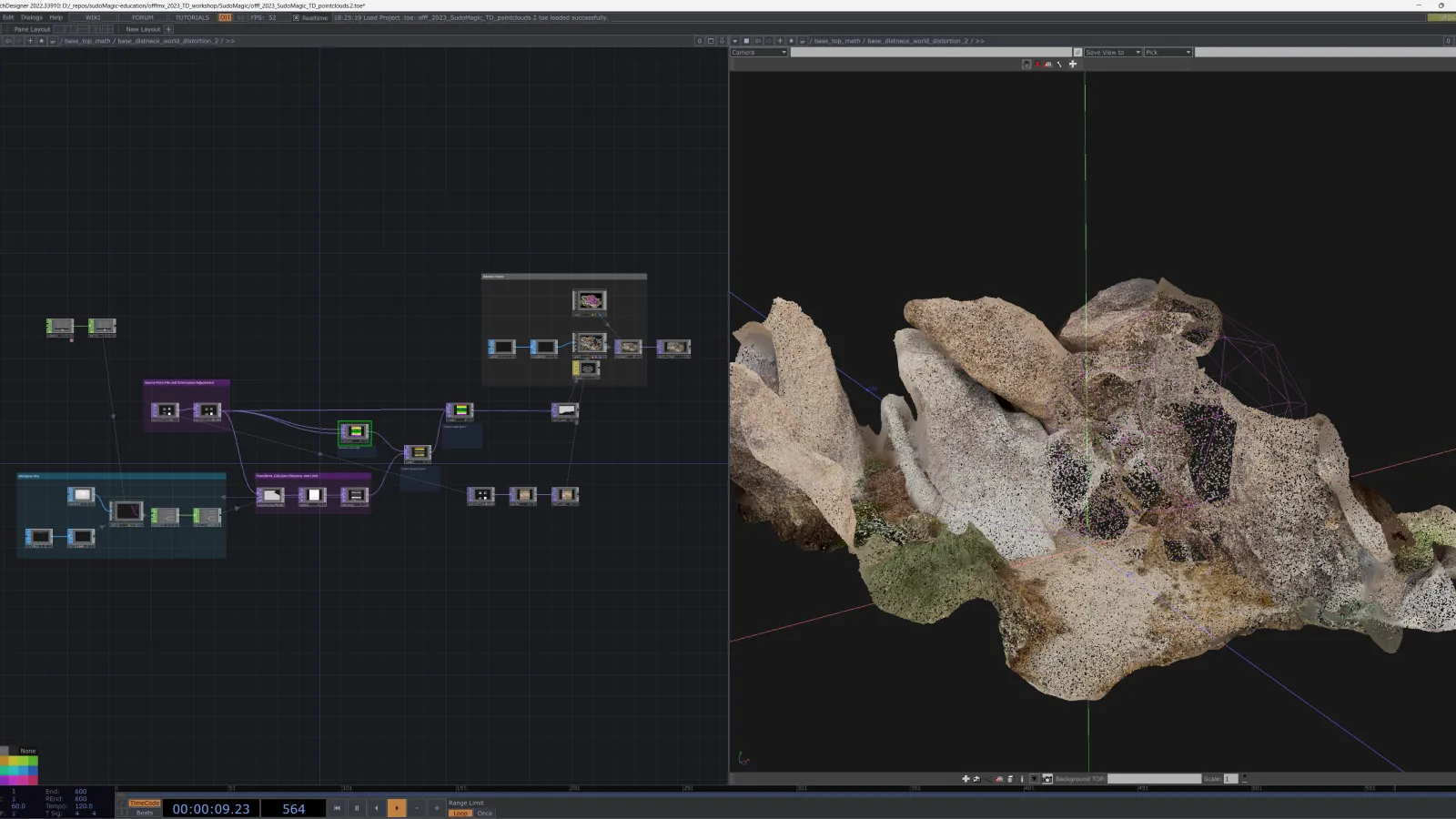 screen capture of image created in touch designer with software structure beside it