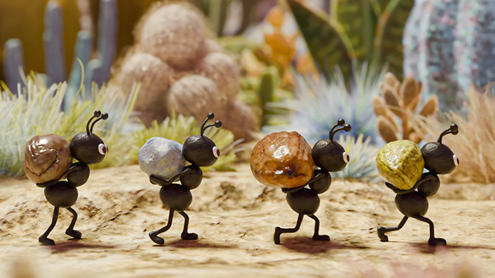 Four animated ant-like figures carry colorful rocks through a miniature desert landscape.