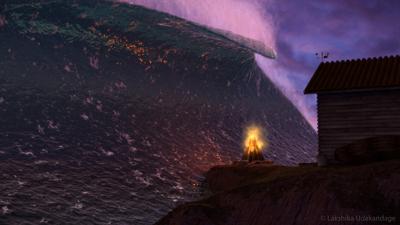 Still from SentiencE showing giant wave crashing with cabin and fire in foreground