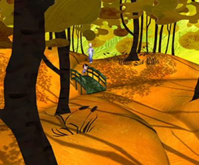 A parent and child walk through a colorful cartoon forest