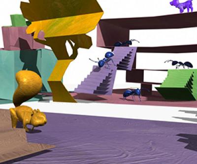 Cartoon ants, a squirrel, and a dog occupy a cartoon paper-cutout environment