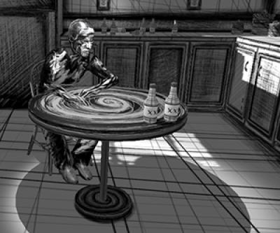 A still from the experience showing the alcoholic sitting at a table A still from the experience showing the alcoholic sitting at a table
