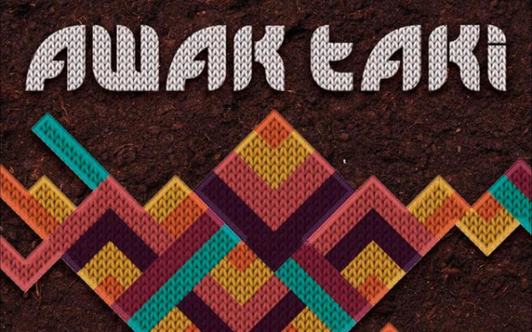 Awak Taki music artist album cover, showing the music artist's name and a colorful, patterned textile below, laying atop brown soil.