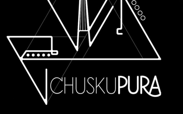 Logo for music artist Chuskapura, a white, linework graphic with geometric elements against a black background.