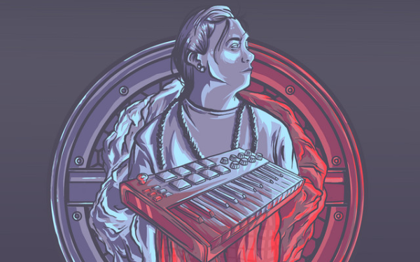 Logo for music artist Los Nin. A circular logo with blue and red coloring featuring a keyboard or mixing board illustration in the middle and a person illustrated above and below the keyboard.