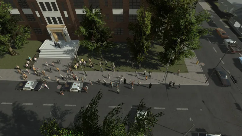 Still showing arial view of mob surrounding entrance of school.