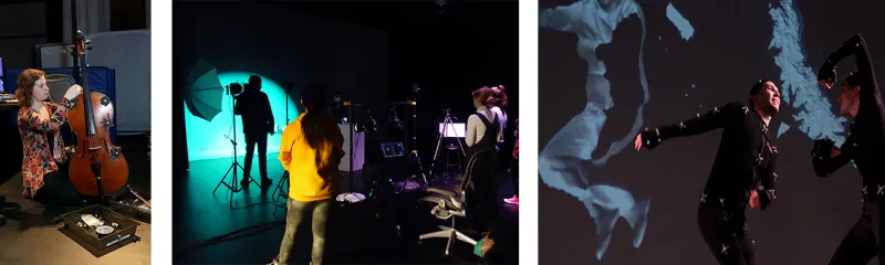 a woman puts motion capture markers on a cello, students watch a lighting demonstration, and two dancers in mocap suits dance in front of a screen