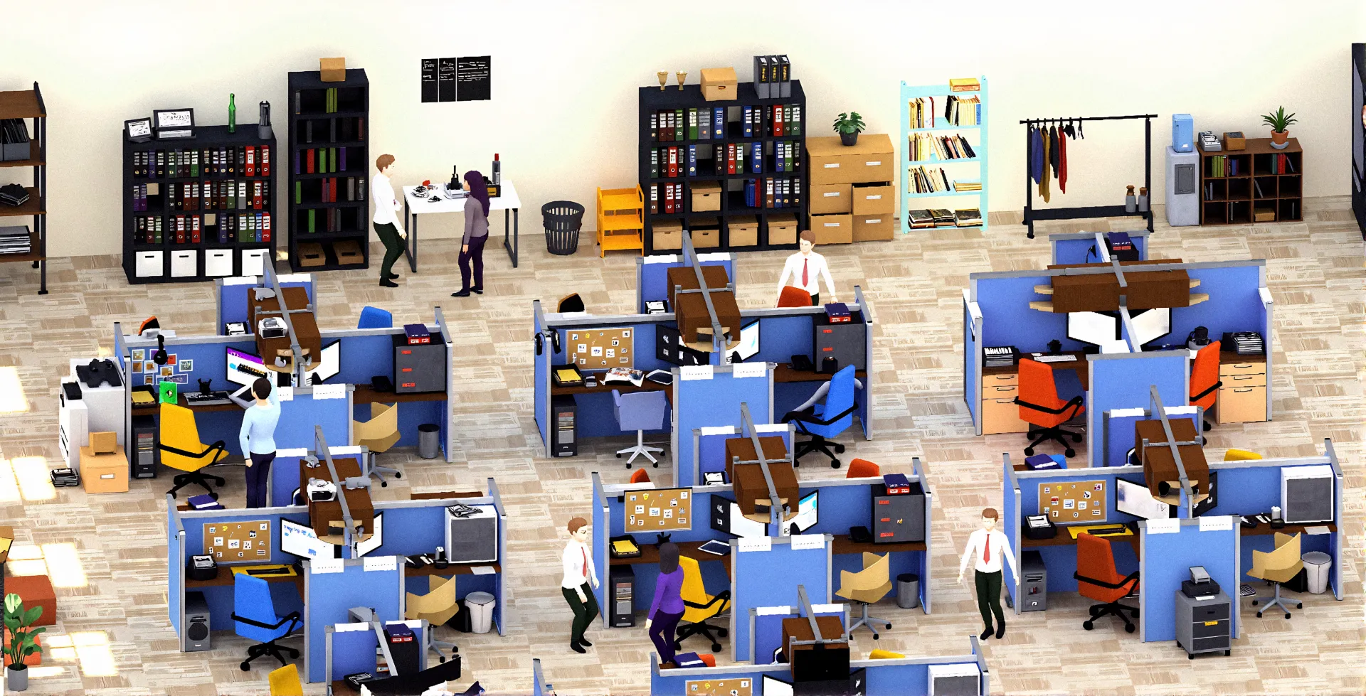 Virtual work environment with cubicles and multiple people working