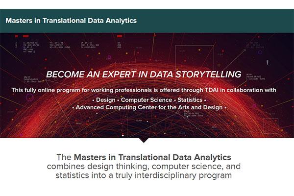 An image describing what the Masters in Translational Data Analytics offers, including its status as fully online, and combination of computer science, design thinking, and statistics 