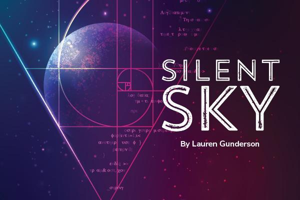 Silent Sky title and cover image featuring a planet in space, overlaid with an image of the Fibonacci sequence