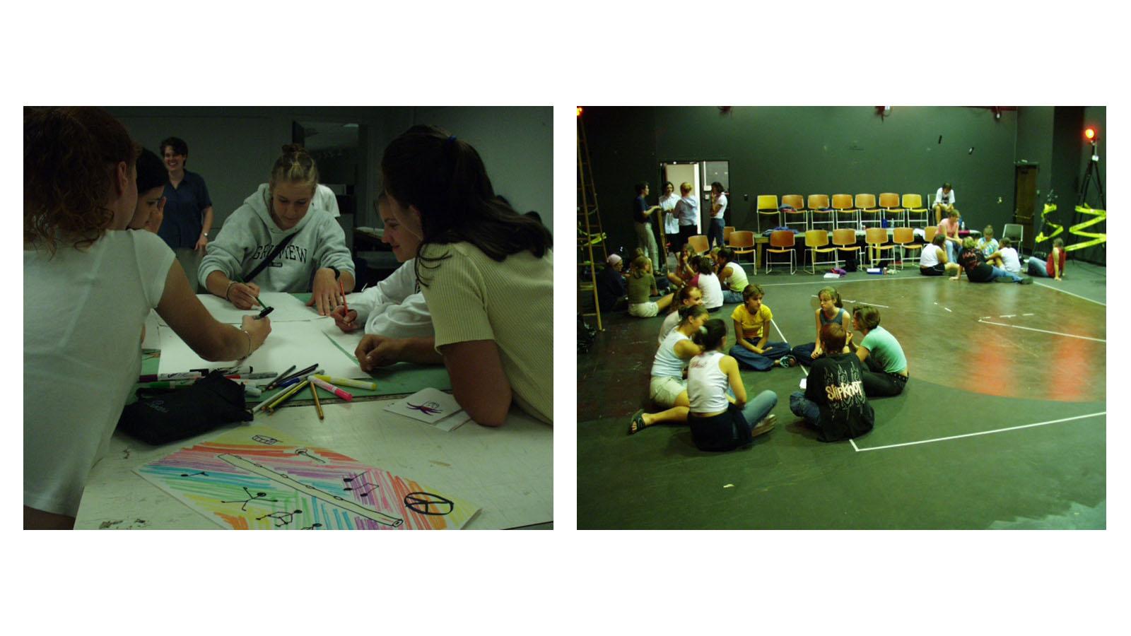 left image: group of students sketching at table, right image: students in motion capture lab