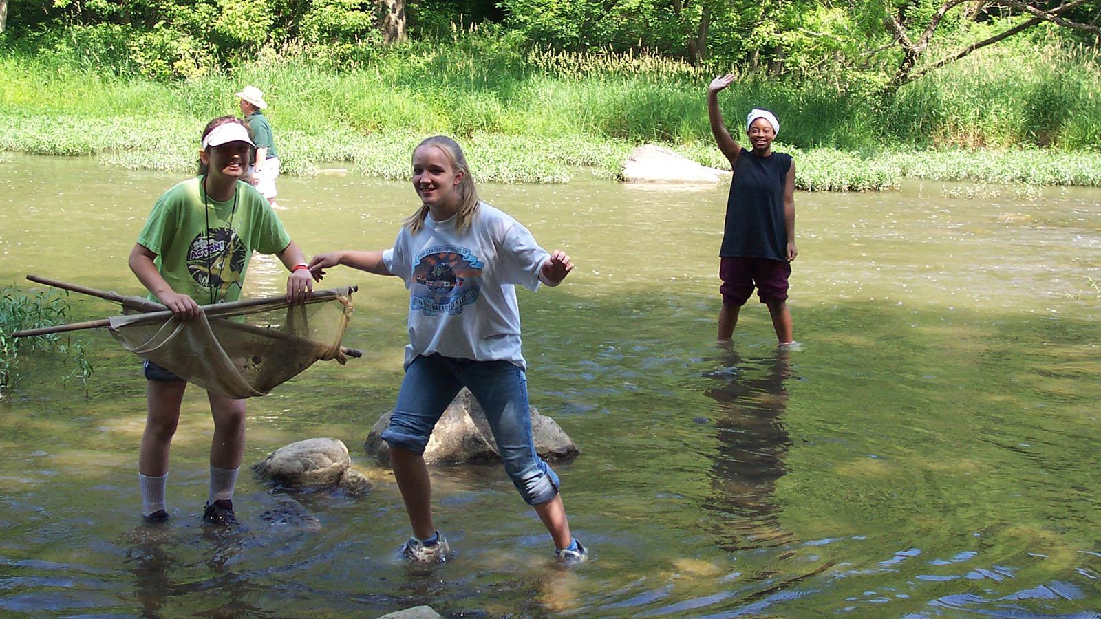 students collecting samples in creek