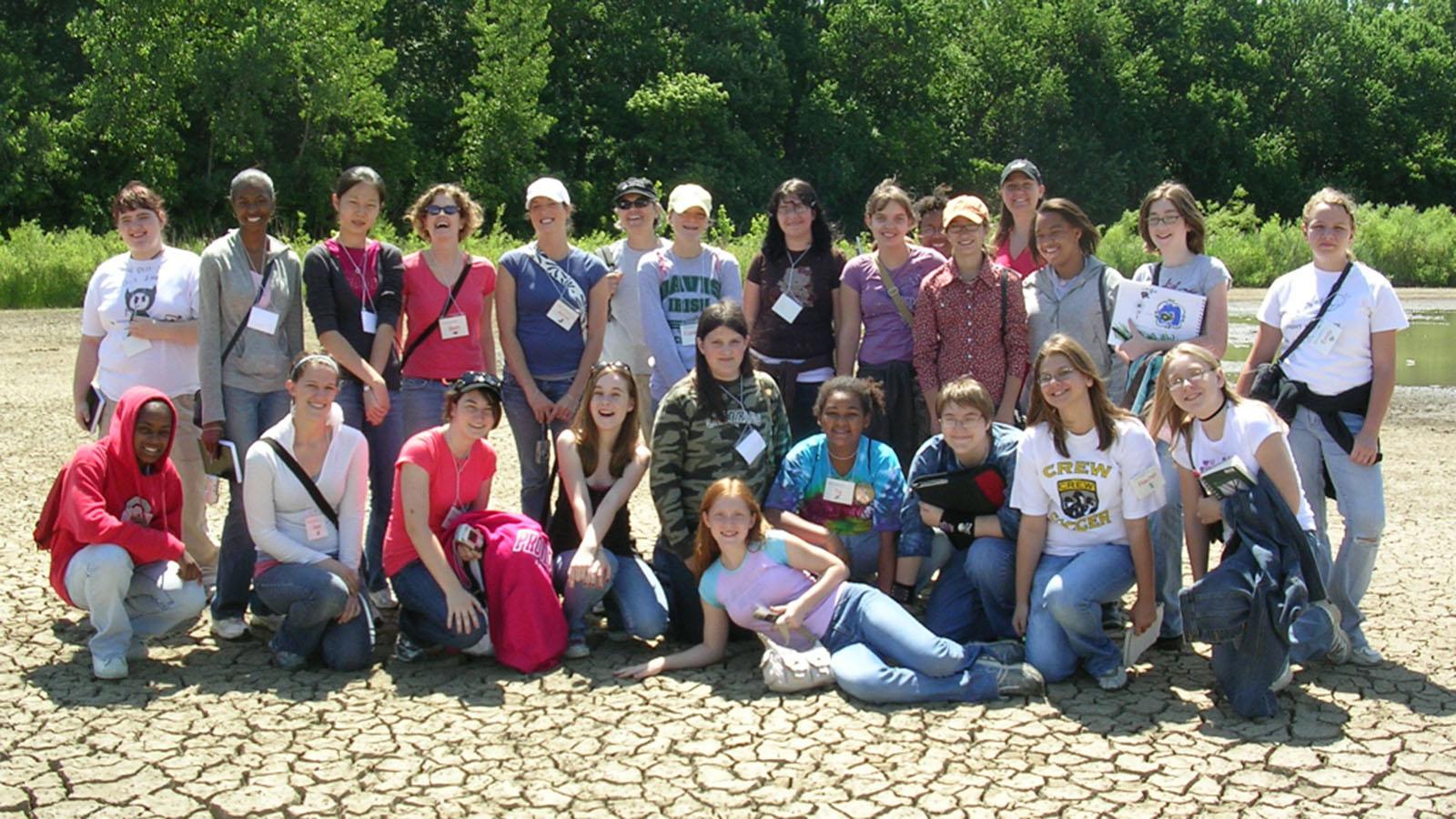 group photo of students and mentors at the wetlands research park