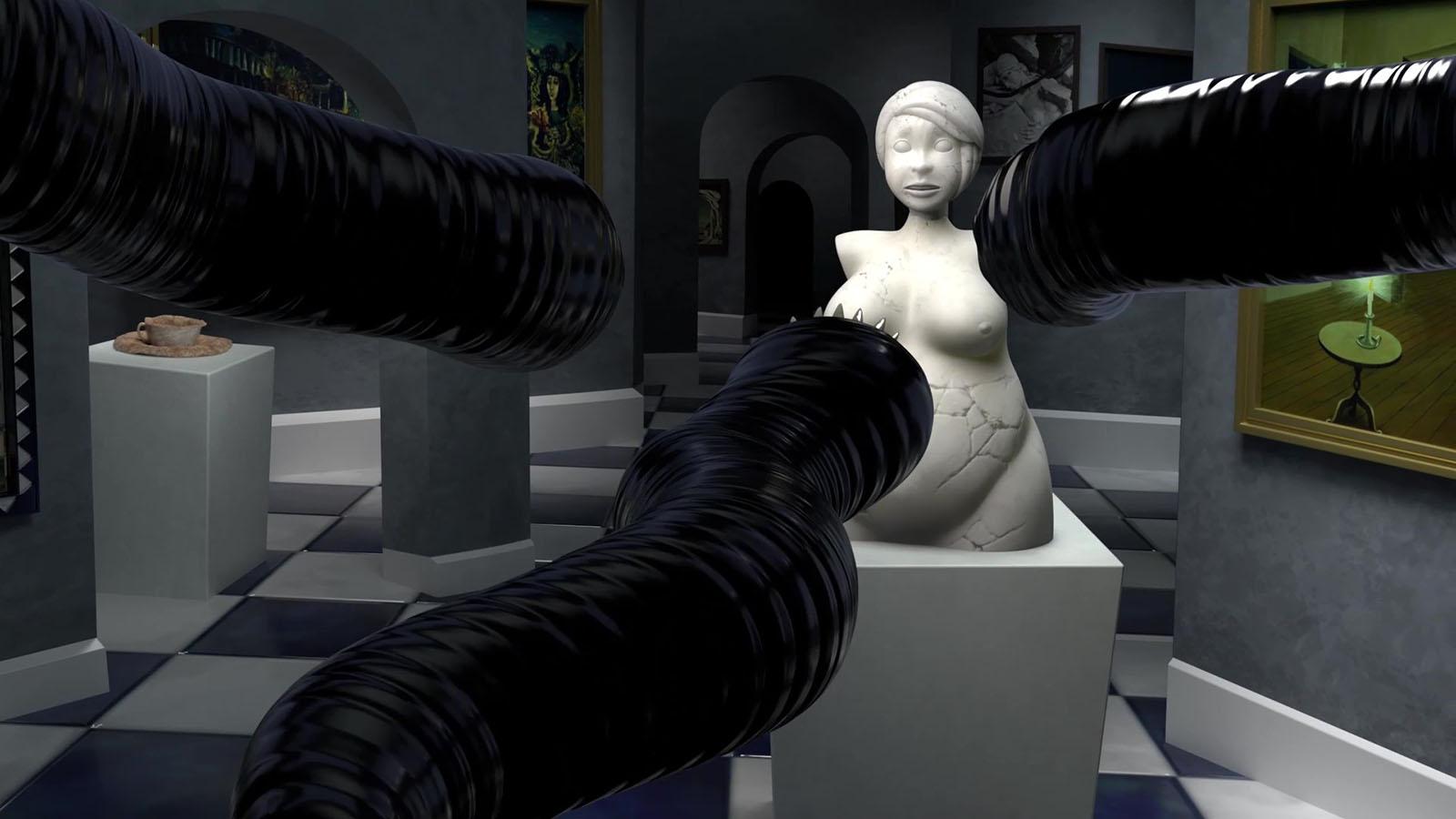 Statue of a woman in a museum with black tentacle-like forms in the foreground