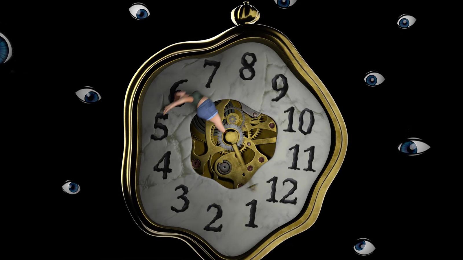 Distorted clock surrounded by darkness and eyeballs
