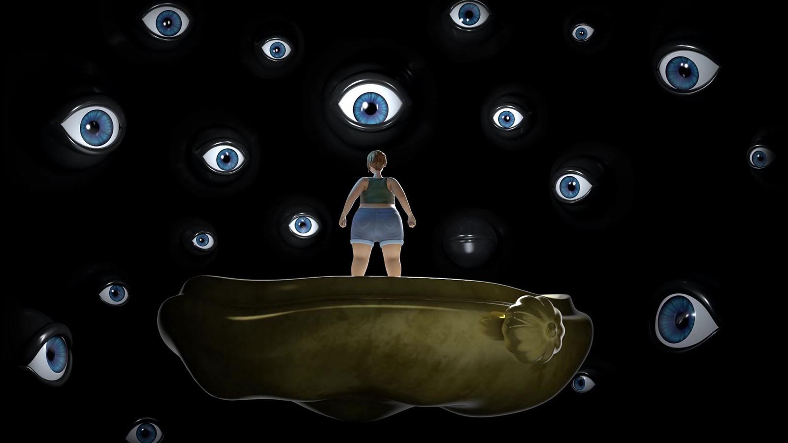 Woman standing on a platform surrounded by darkness and eyeballs watching her