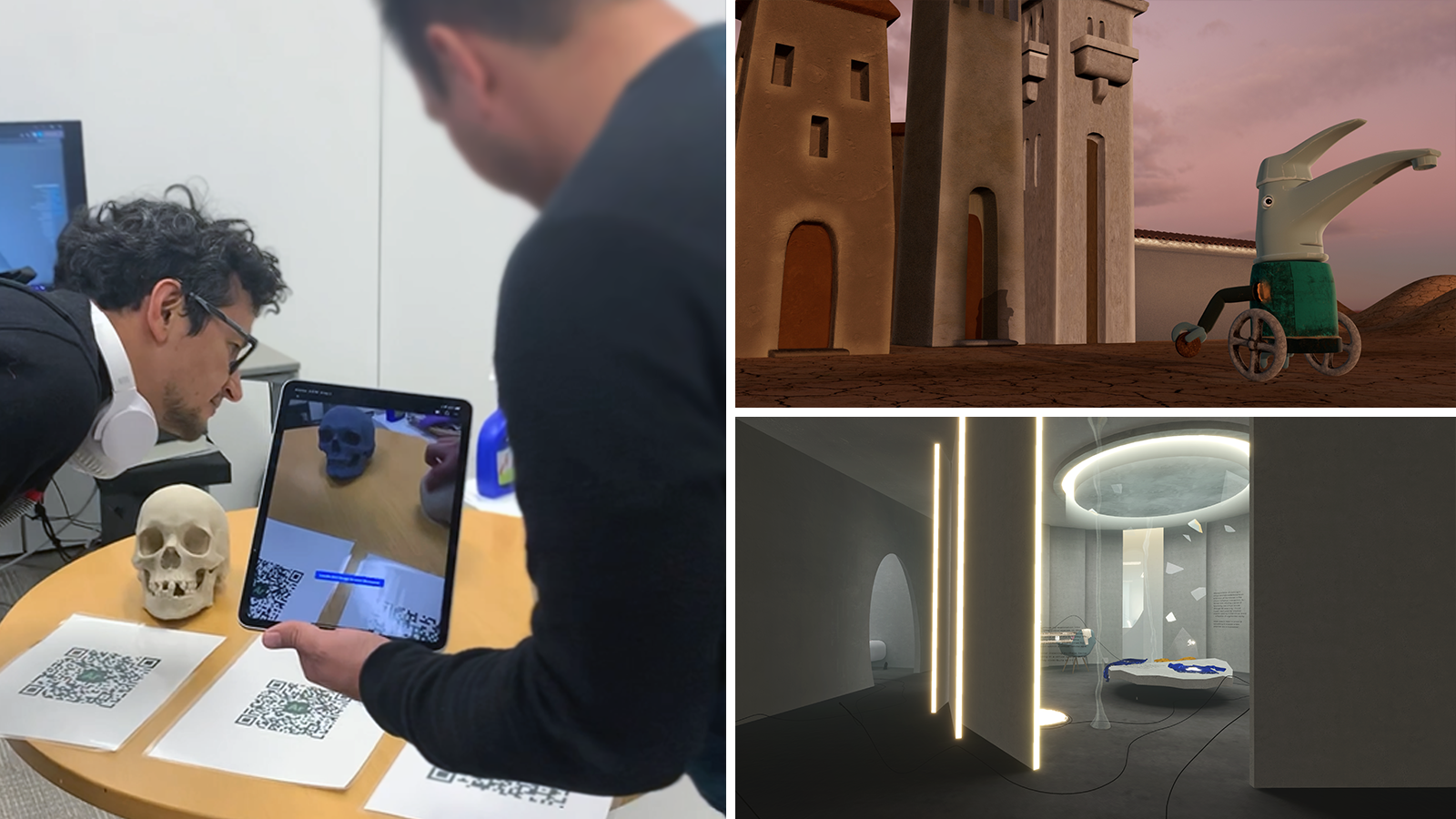 A collage of three photos. On the left is an image of two men looking at an iPad at a VR experience. On the top right is a screenshot of an animation featuring a castle in the background and a personified faucet character in the foreground. The bottom right image shows a screenshot from a VR experience, displaying a look into a room.