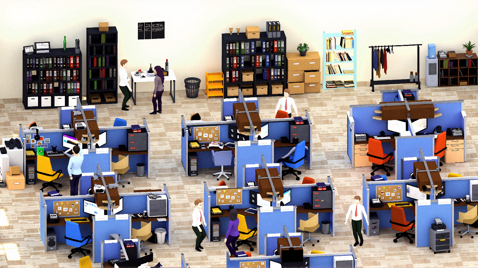 Virtual work environment with cubicles and multiple people working