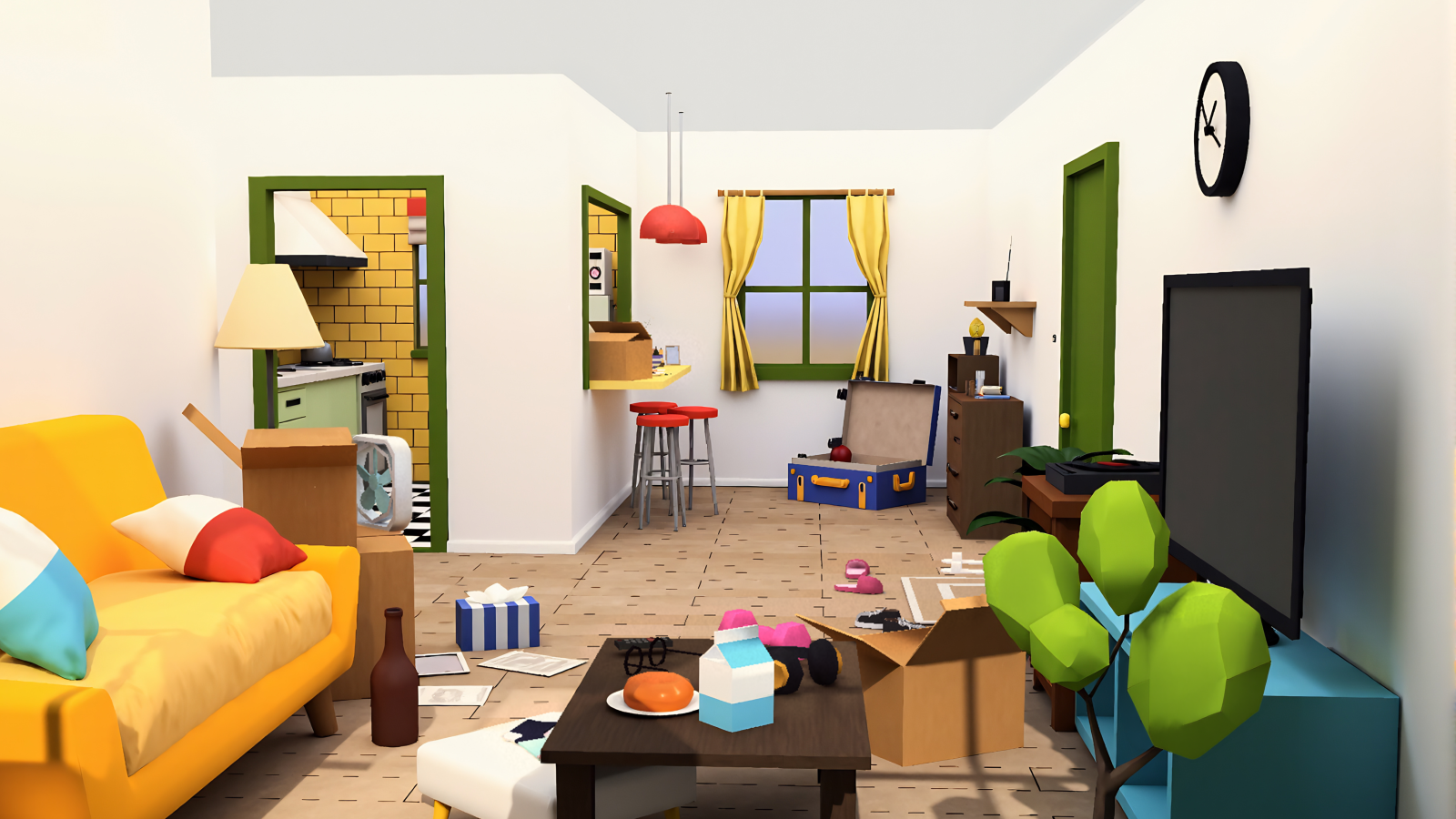 Virtual home living room environment with various items